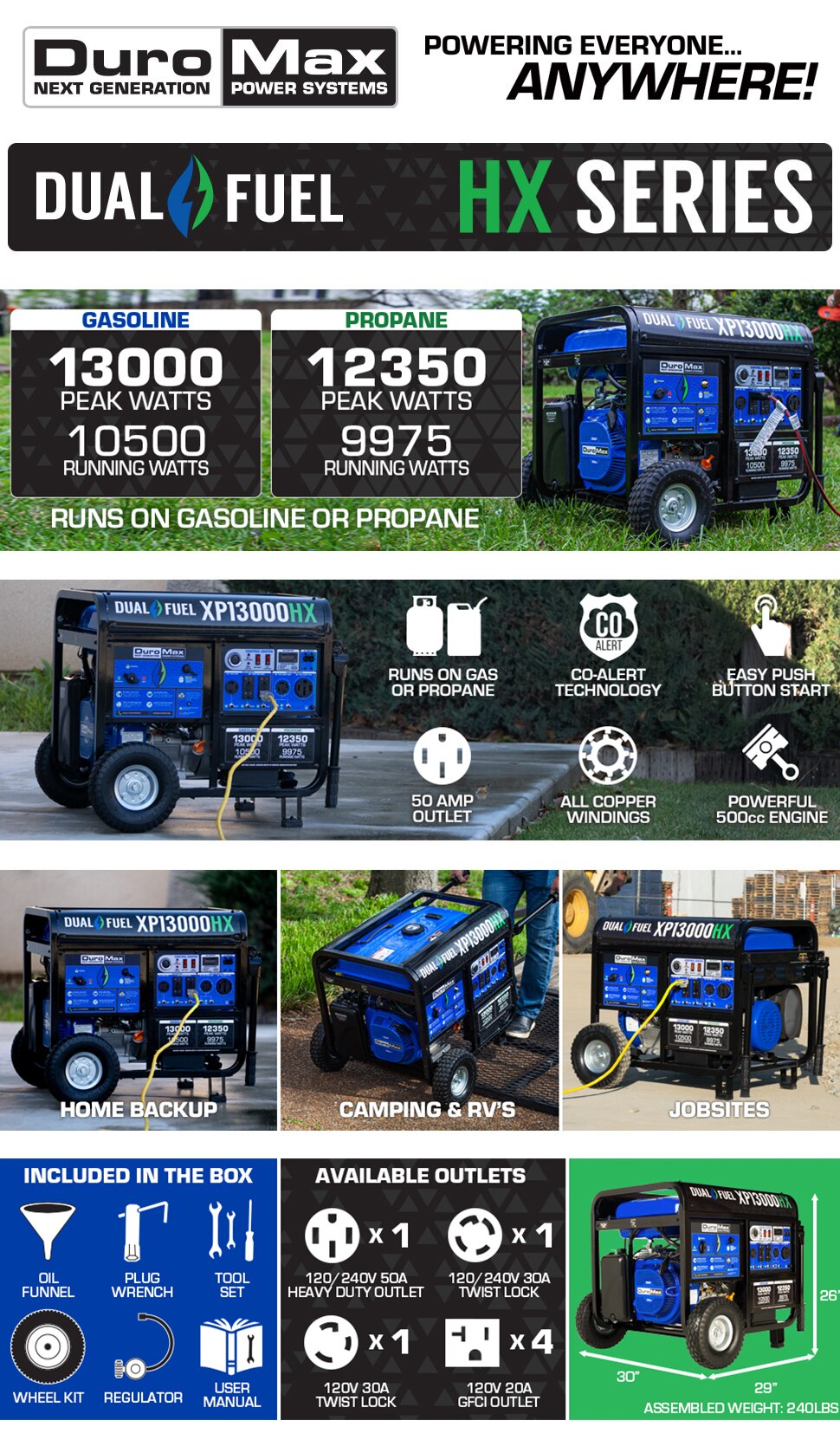 Duromax 13000/10500-Watt Dual Fuel Electric Push Start Gasoline/Propane